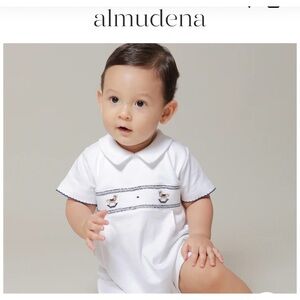 almudena navy rocking horses smocked romper size 18M made in Peru Pima Cotton